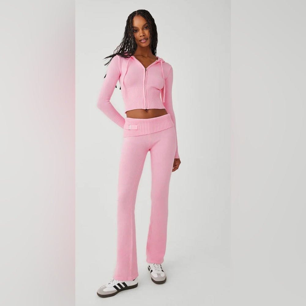 Frankies Bikinis Aimee Cloud Knit Zip Up Hoodie and Pant set XS Valentine Pink